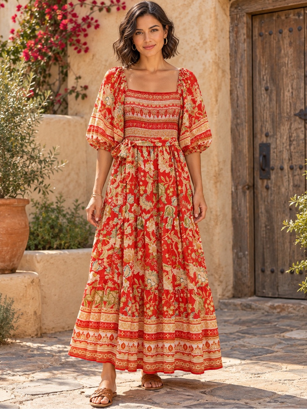 Flying Tomato Boho Botanical Maxi Dress Red Orange Smocked Puff Sleeve Belted S